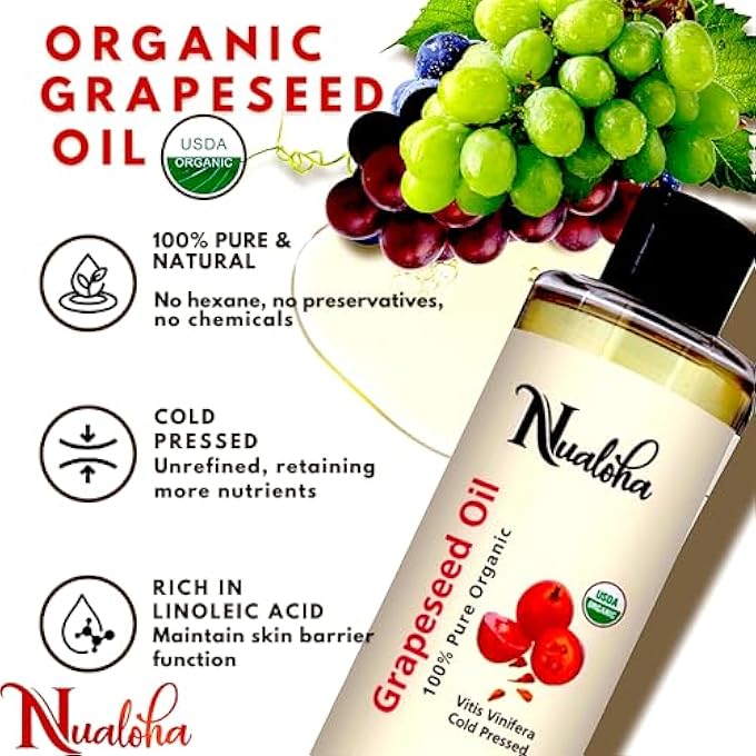 Nualoha ORGANIC GRAPE SEED OIL, 100% PURE COLD PRESSED OIL FOR ACNE PRONE SKIN, HAIR CARE, FACE CLEANSER, ANTI-AGING MOISTURIZER FOR WRINKLES AND STRETCH MARKS -220 ML - Image 2